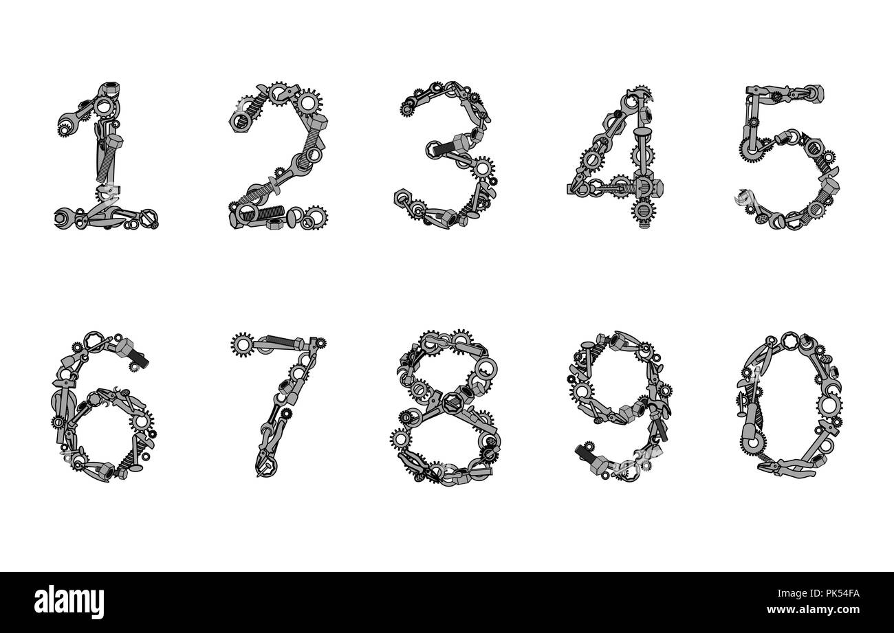 Zahlen aus der Hand. Muttern, Schrauben, Zangen, Schrauben und anderen Instrumenten. Vector Illustration Stock Vektor