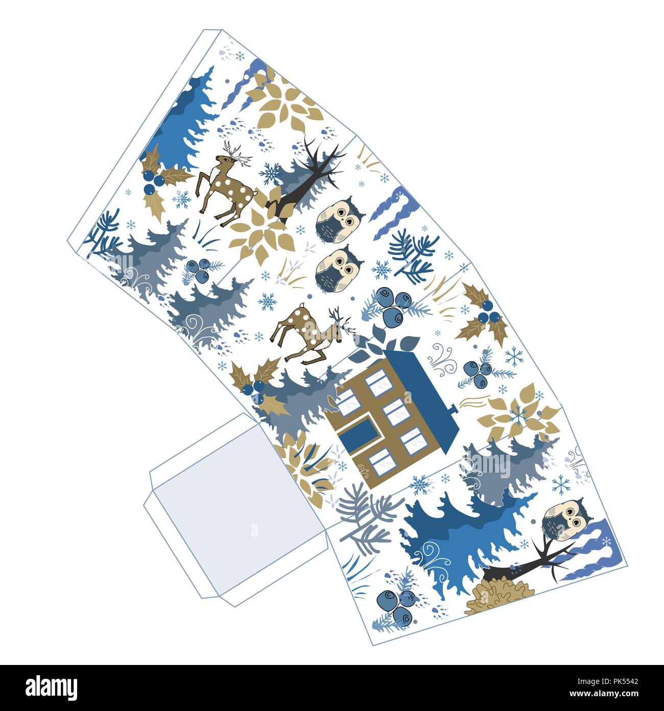 Super Winter Weihnachten popcorn Box doodle Winter Forest Stil. Dafür, Geschenkbox. Einfach ausdrucken, ausschneiden und zusammenkleben. Vektor Stock Vektor