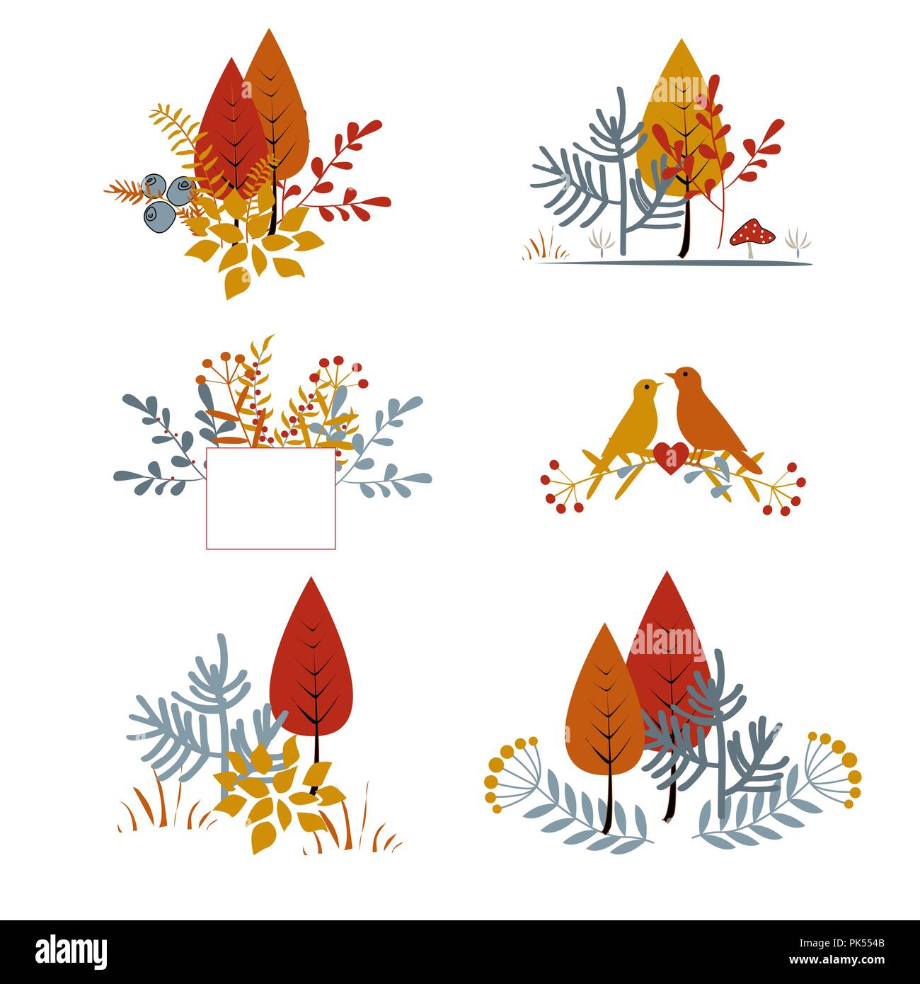 Einstellen der herbstlichen Blumen Karten mit abstrakten Blätter, Bäume, und Vögel. Herbst Zusammensetzung Sammlung Stock Vektor