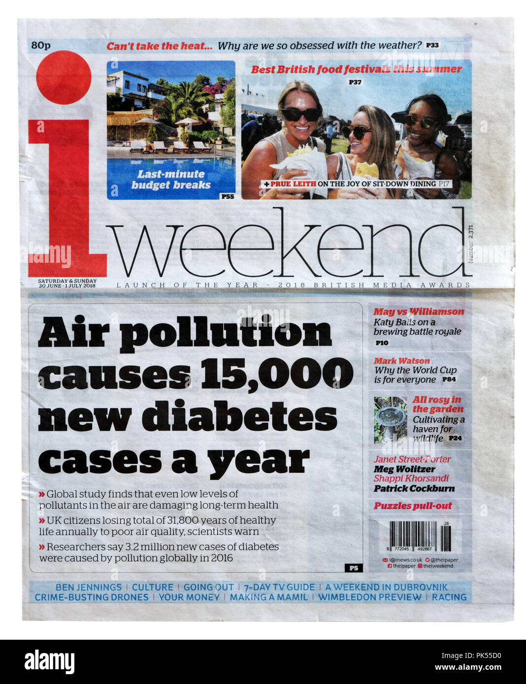 Vorderseite der mit der Schlagzeile iWeekend Luftverschmutzung führt 15000 neue Diabetes Fälle pro Jahr, über die Auswirkungen der Umweltverschmutzung auf die Gesundheit Stockfoto
