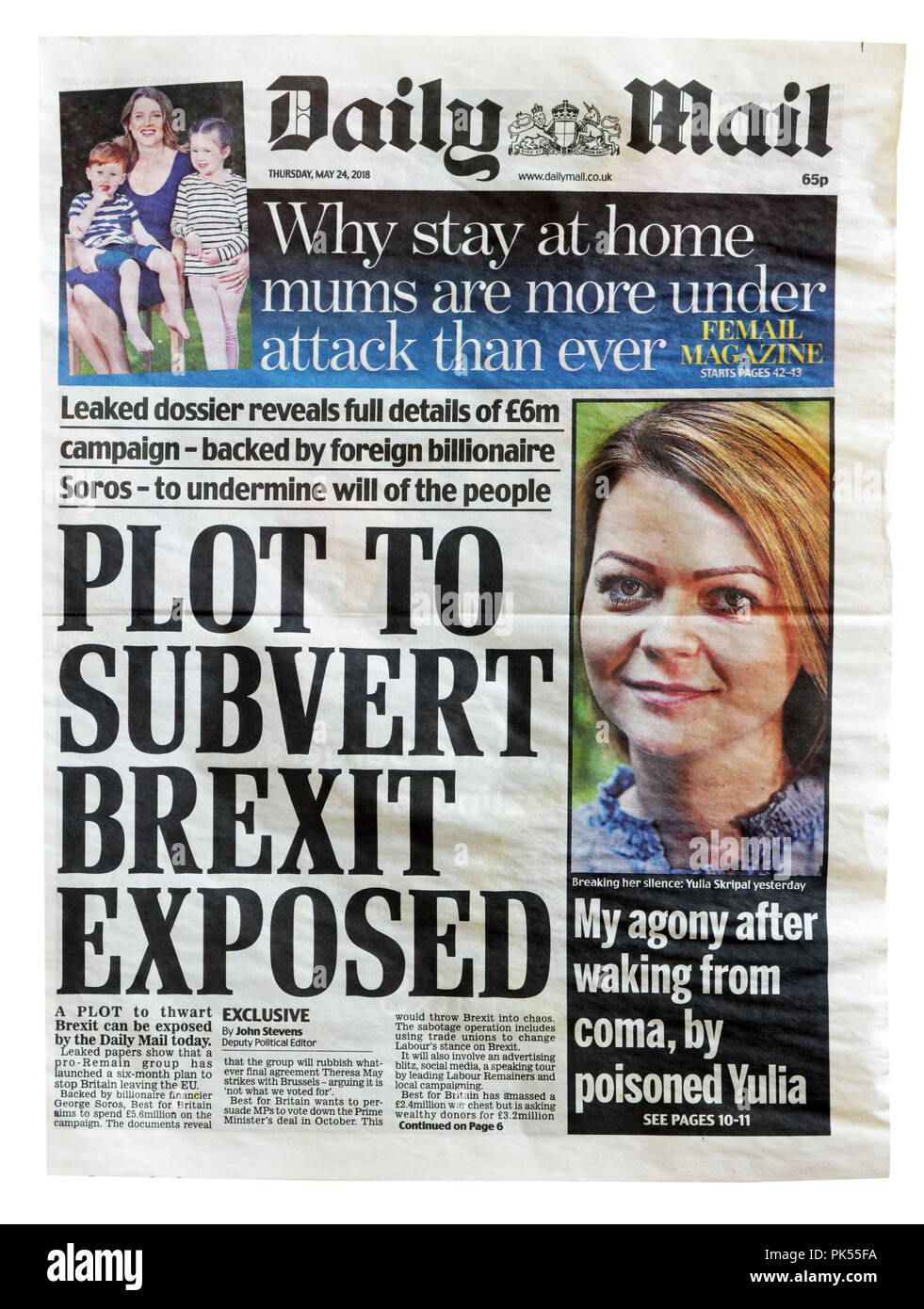 Titelseite der Daily Mail mit der Schlagzeile Plot zu unterwandern Brexit ausgesetzt, über Versuche, Brexit zu stoppen und Großbritannien in der EU halten Stockfoto
