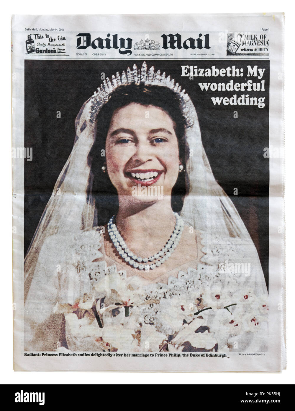 Eine Reproduktion der Daily Mail vom 21. November 1947 feiern die Vermählung von Prinzessin Elizabeth Windsor zu Prinz Philip, Herzog von Edinburgh Stockfoto