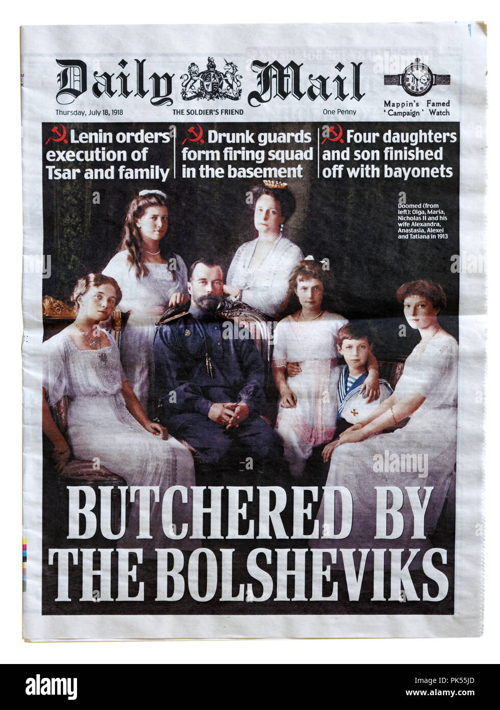 Titelseite der Daily Mail mit der Schlagzeile geschlachtet, die von den Bolschewiki, dem Jahrestag der Hinrichtung der Romanows zu gedenken. Stockfoto