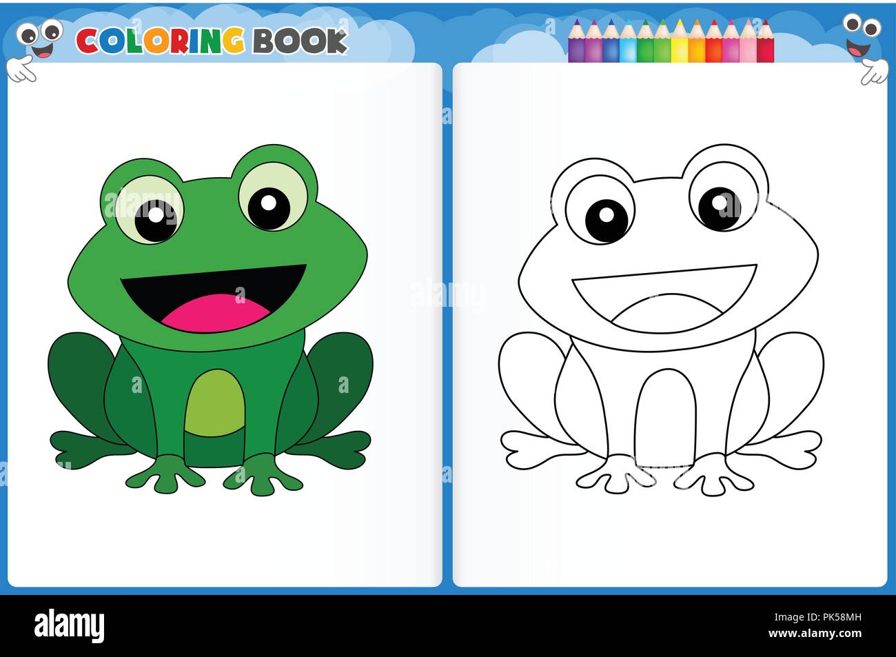 Färbung Seite niedlichen Frosch mit bunten Probe druckbare Arbeitsblatt für  Vorschule/Kindergarten Kinder grundlegende Färbung Fähigkeiten zu  verbessern Stock-Vektorgrafik - Alamy
