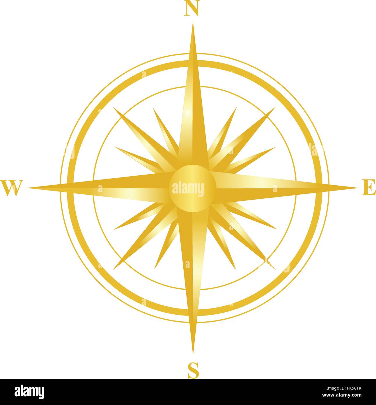 Abbildung: Eine goldene Kompass mit allen Richtungen Norden Osten Süden und Westen auf weißem Hintergrund. Stock Vektor