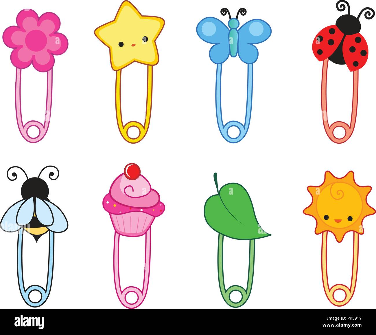 Bunte Safety Pin Collection mit Natur Objekte und Cupcake auf weißem Hintergrund Stock Vektor