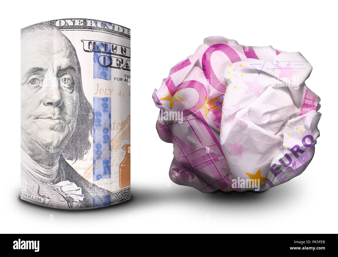 Zwei fiat money Bills nebeneinander stehen. Man flach und einem Zerbröselten Währung symbolisiert Stärke und Schwäche. Stockfoto