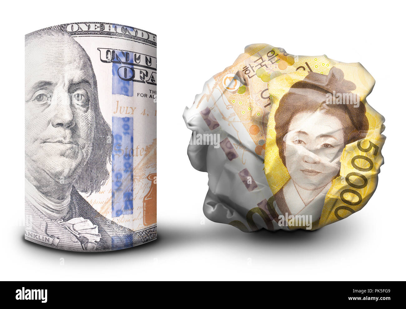 Zwei fiat money Bills nebeneinander stehen. Man flach und einem Zerbröselten Währung symbolisiert Stärke und Schwäche. Stockfoto