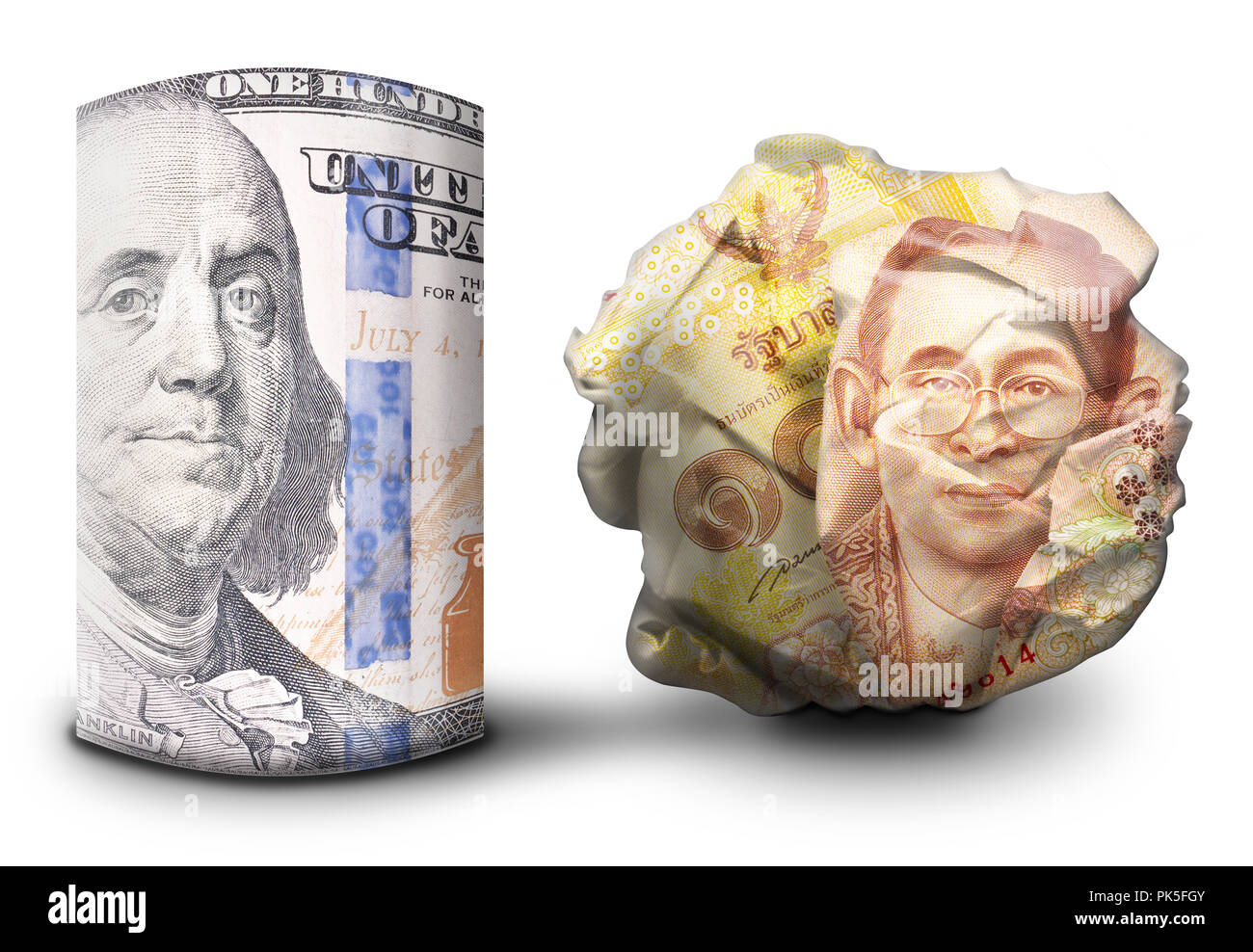 Zwei fiat money Bills nebeneinander stehen. Man flach und einem Zerbröselten Währung symbolisiert Stärke und Schwäche. Stockfoto