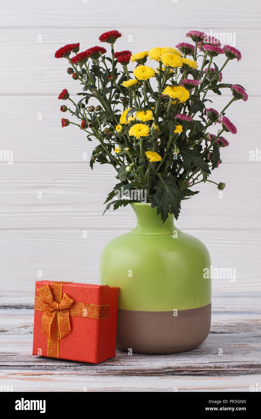 Bunte chrysanthemus in eine Vase und roter Geschenkbox. Weiß Holz Hintergrund. Stockfoto