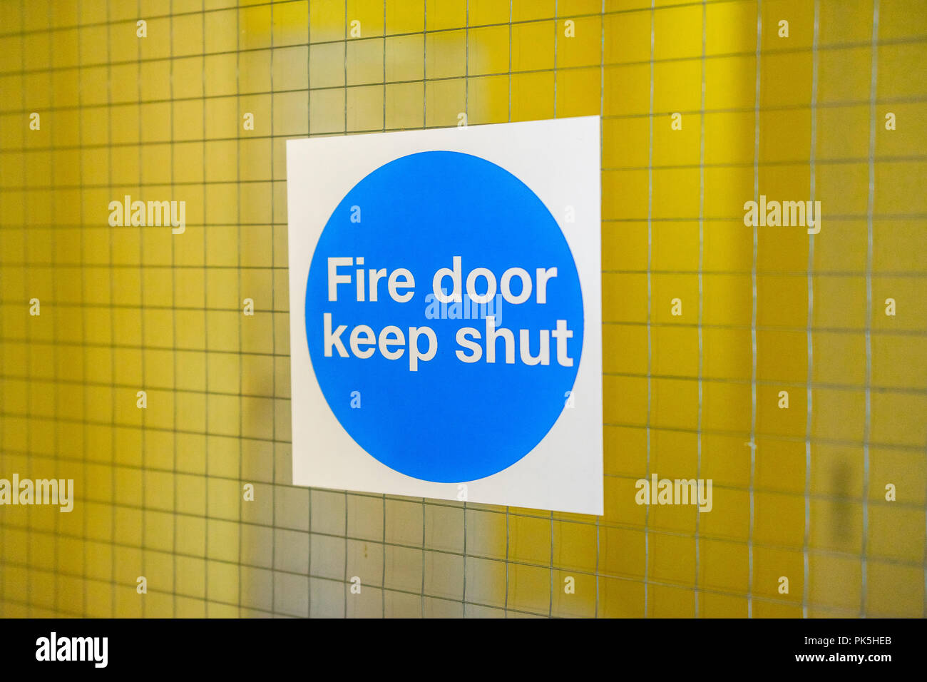 Blue' Feuerschutztür geschlossen"-Schild in einem Wohnhaus mit Wohnungen, England, Großbritannien Stockfoto