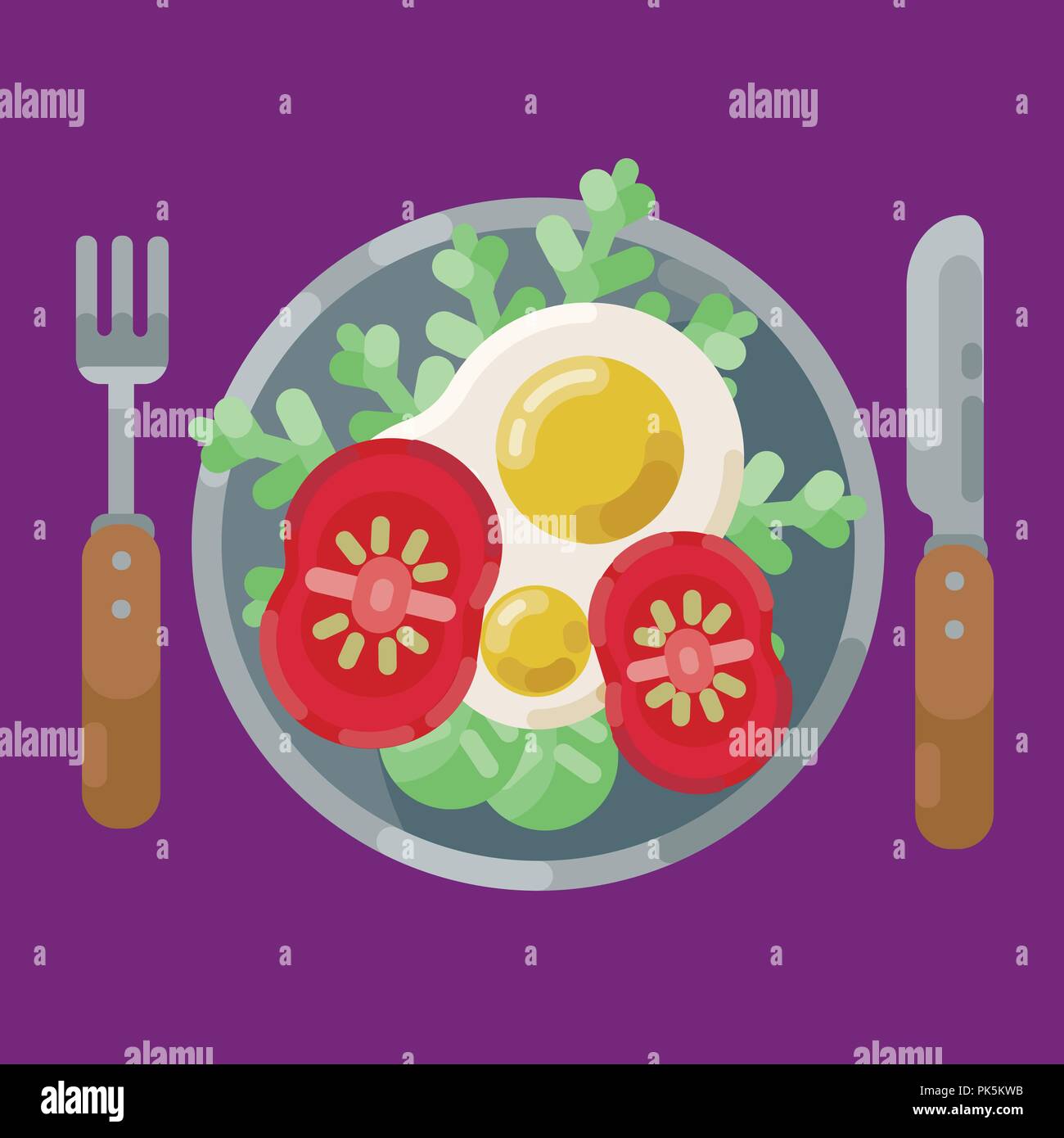 Ein herzhaftes Frühstück mit Spiegelei und frischem Gemüse. Vector Illustration. Das Essen auf dem Teller ist eine Ansicht von oben. Frühstück serviert. Stock Vektor