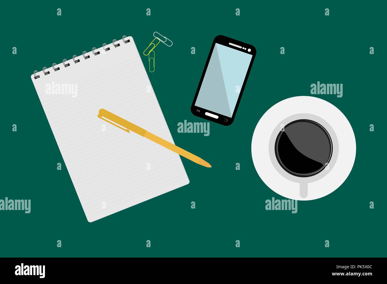 Eine Tasse Kaffee, ein Smartphone und Schreibwaren auf einem einfarbigen Farbe, Oberfläche, Ansicht von oben Stock Vektor
