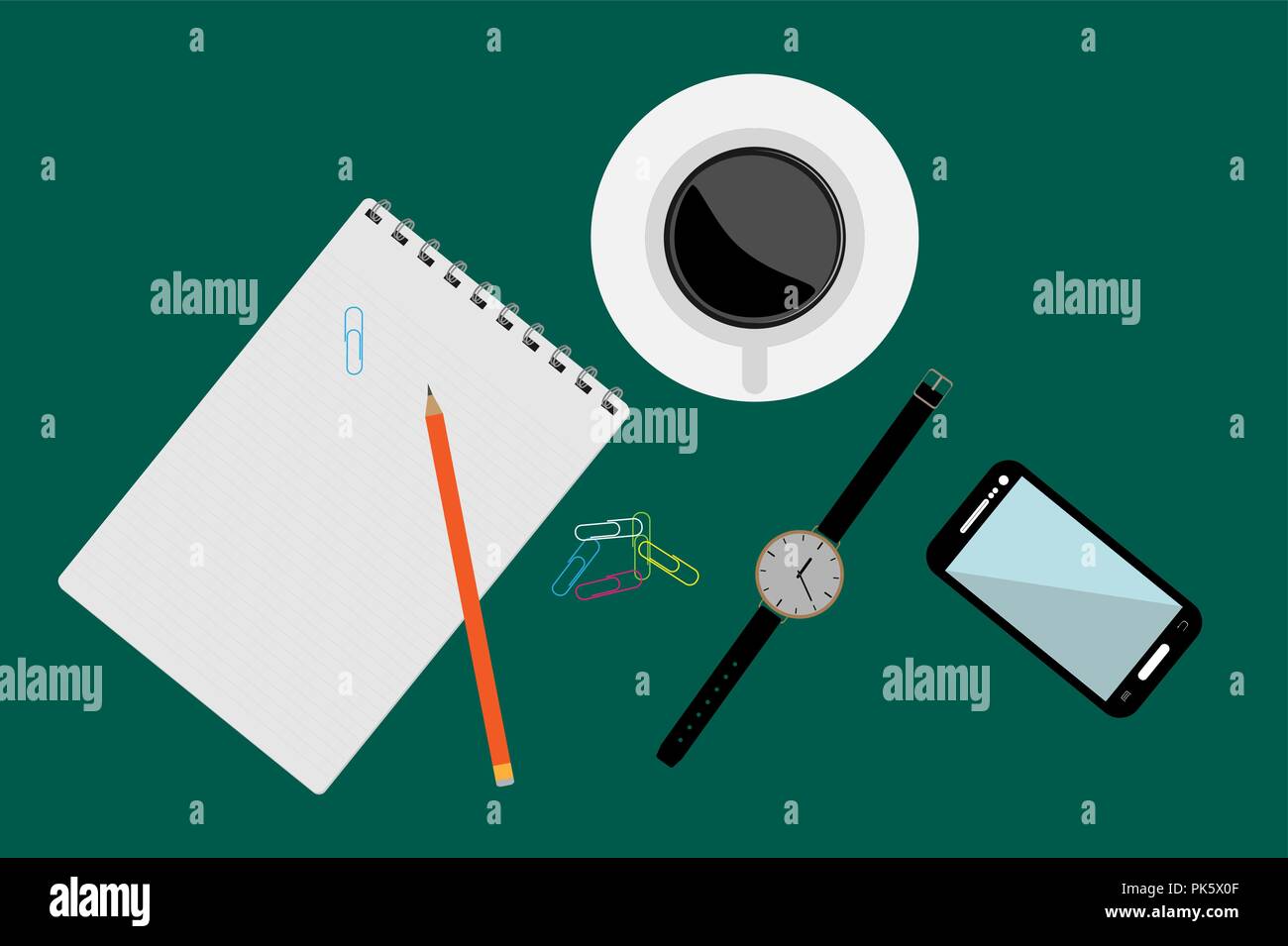 Eine Tasse Kaffee, eine Uhr, ein Smartphone und Schreibwaren auf einem einfarbigen farbige Oberfläche, eine Sicht von oben Stock Vektor