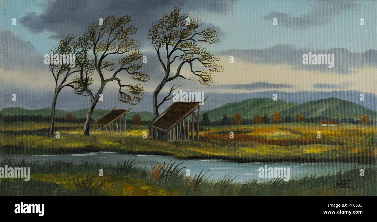 Öl Malerei eines Weideland mit zwei kleinen Scheunen und einem Fluss Stockfoto