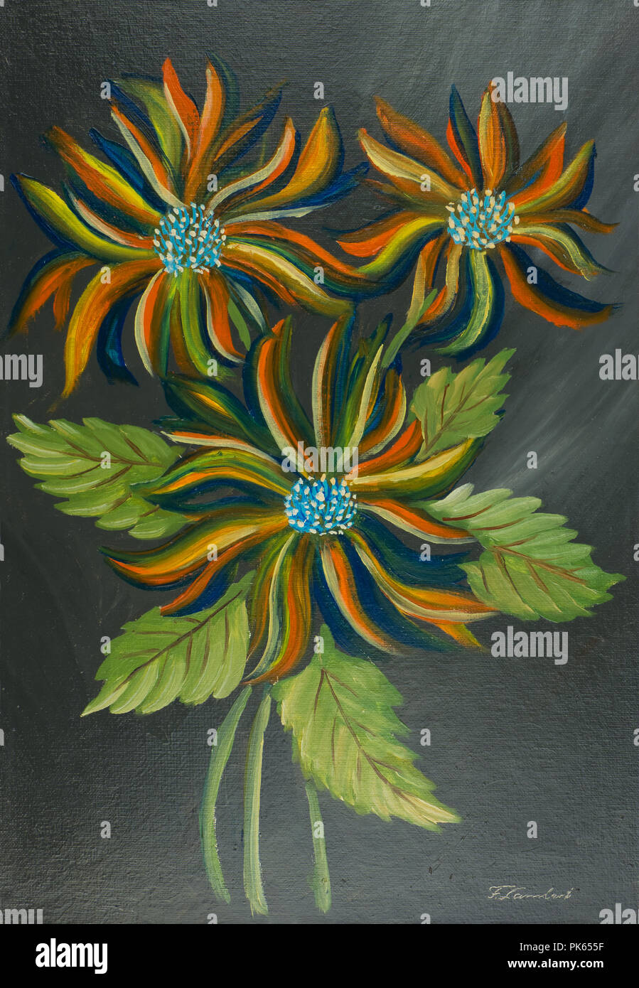 Bild mit Öl Farben von drei bunte Blumen mit Blättern auf grauem Hintergrund Stockfoto