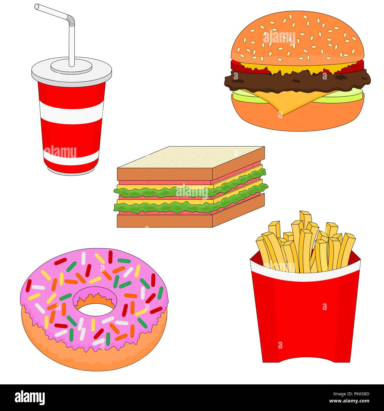 Lecker fast food Menü Icon Set isoliert, Illustration Cartoon Stock Vektor
