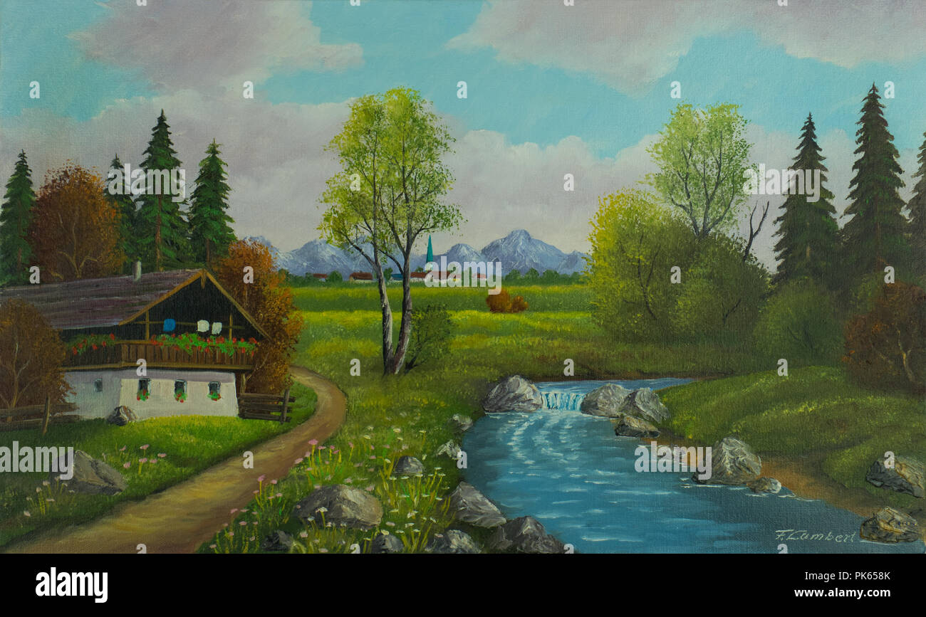 Öl Malerei - Landschaft mit Haus und den Fluss in der Nähe eines Dorfes Stockfoto