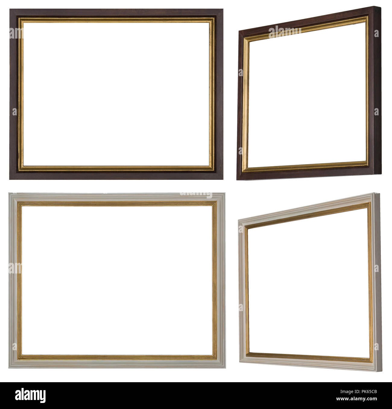 Zwei schmale Rahmen in Weiß und Braun mit Gold dekoriert in zwei Perspektiven jedes Stockfoto