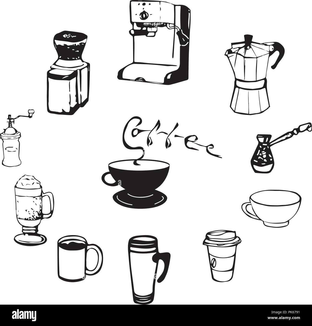 Kaffeetassen und Ausrüstung Abbildung. Hand gezeichnet/Ausrüstung. Tassen, Gläser, Maschinen Hand gezeichnete Skizze. Stock Vektor
