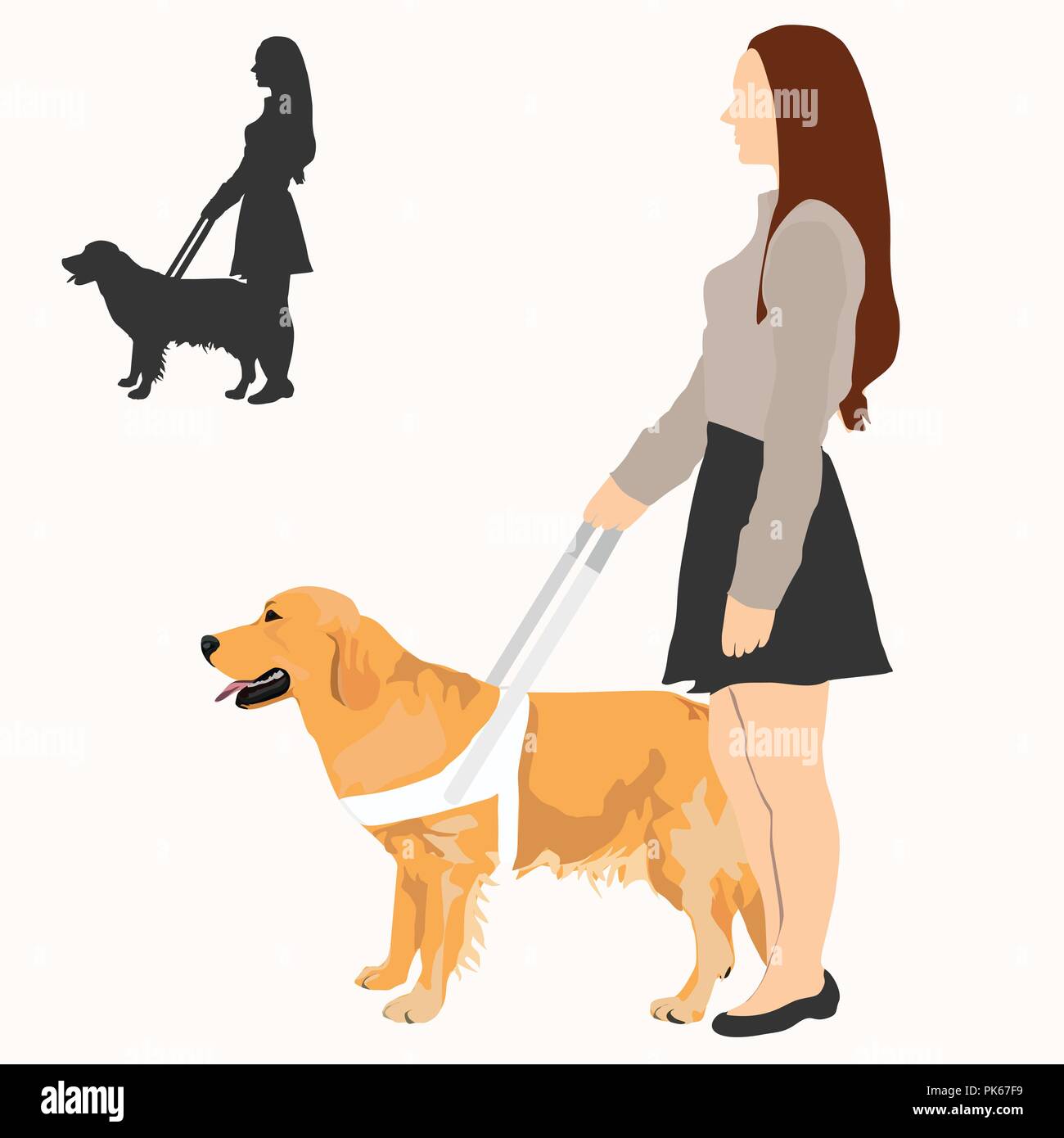 Hilfe Hund mit weißen Kabelbaum. Golden Retriever und blinde Frau auf weißem Hintergrund. Frau mit Hund am Kabelbaum und an ihre Silhouette. Stock Vektor