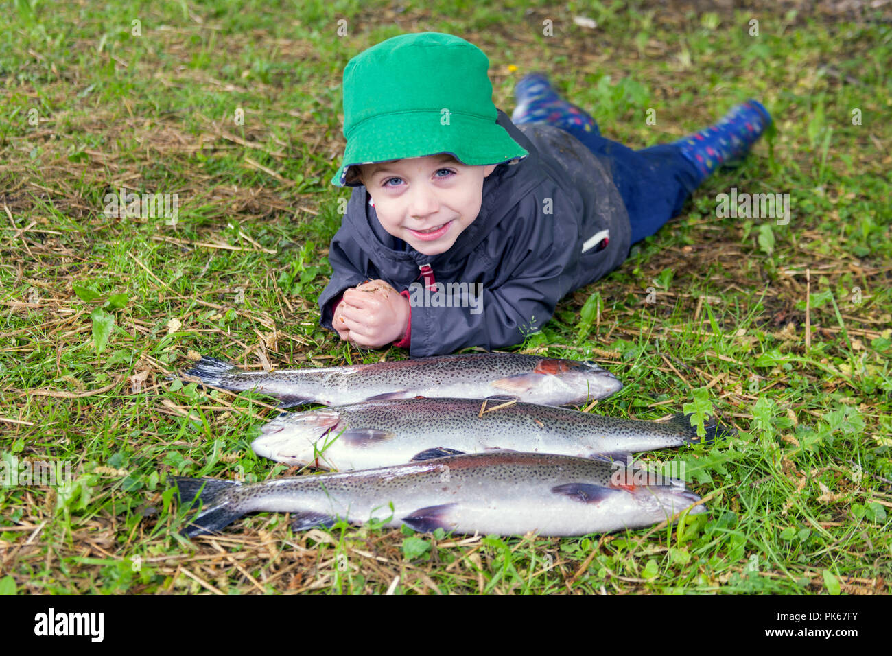 Vier Jahre alten Jungen mit seinen drei grosse Regenbogenforelle Fische, Meon Federn Forellenpacht, East Meon, Hampshire, England, Vereinigtes Königreich. Stockfoto