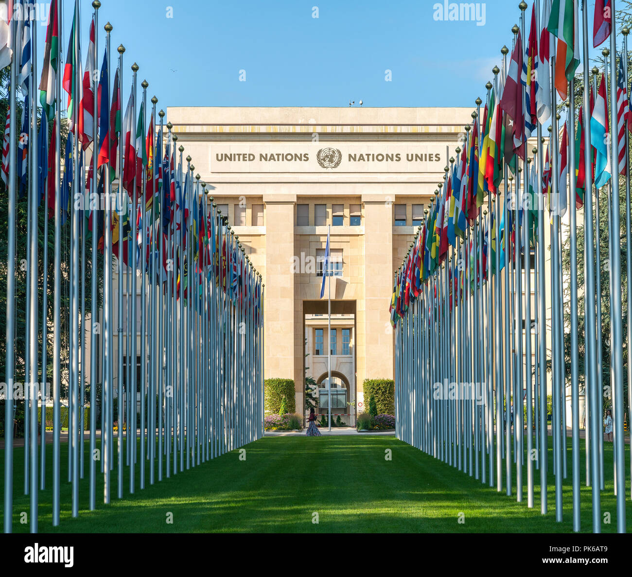 27. August 2018 - Genf, Schweiz. Das Büro der Vereinten Nationen in Genf ist die zweitgrößte der vier wichtigsten Bürostandorten der Vereinten Nationen. Stockfoto