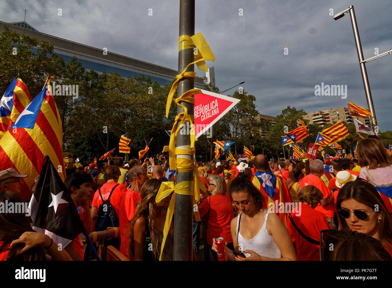 Barcelona, Katalonien, Spanien. 11. September 2018. Während der nationalen Feiertag von Catalunya, Iada, über 500000 Sezessionisten für ein unabhängiges Katalonien Diagonal Sreet in Barcelona gezeigt, wehenden Fahnen oder Banner Stockfoto