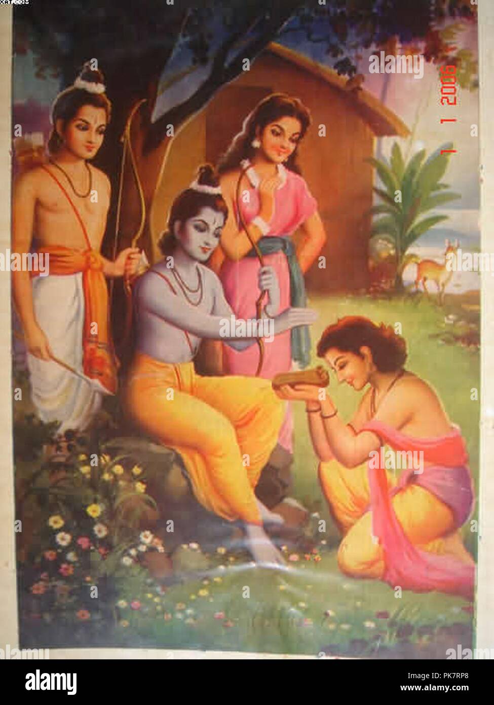 Bharat ehrfürchtig akzeptiert Rama's Sandale, die er auf den Thron wird während seiner Regentschaft statt. Stockfoto