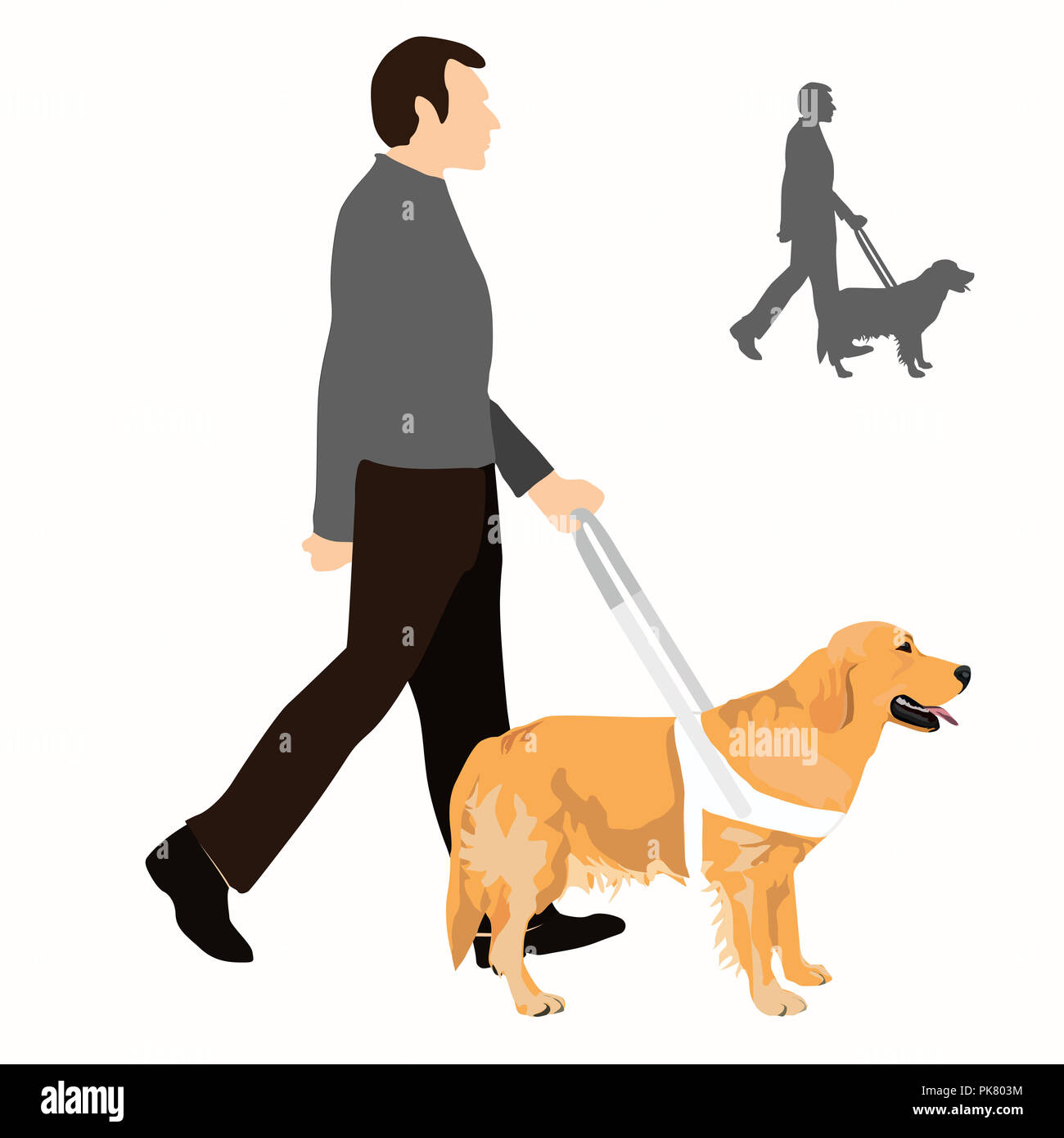 Hilfe Hund mit Kabelbaum. Golden Retriever und blinden Menschen auf weißem Hintergrund. Stockfoto