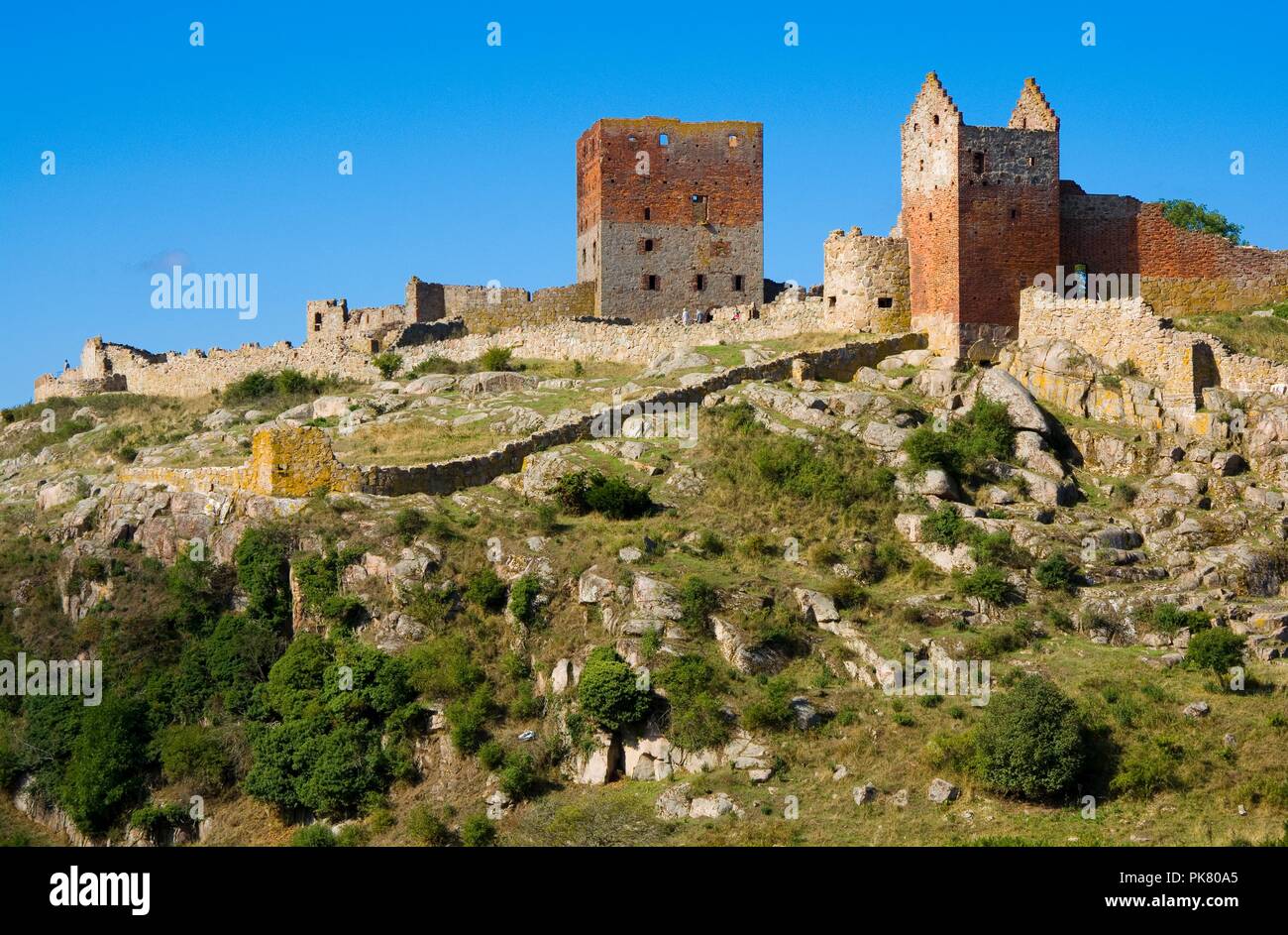 Schloss Hammershus, die größte Burgruine Nordeuropas an steilen Granit Felsen an der Ostsee gelegen, Bornholm, Dänemark Stockfoto