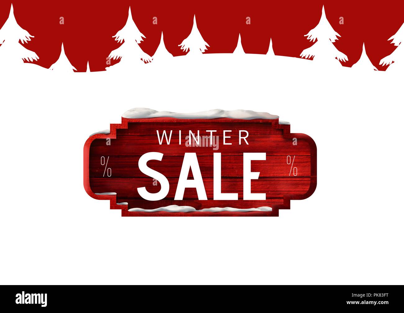 Winter Verkauf Text auf rotem Holz Schild und weiß die Tannen im Hintergrund Stockfoto