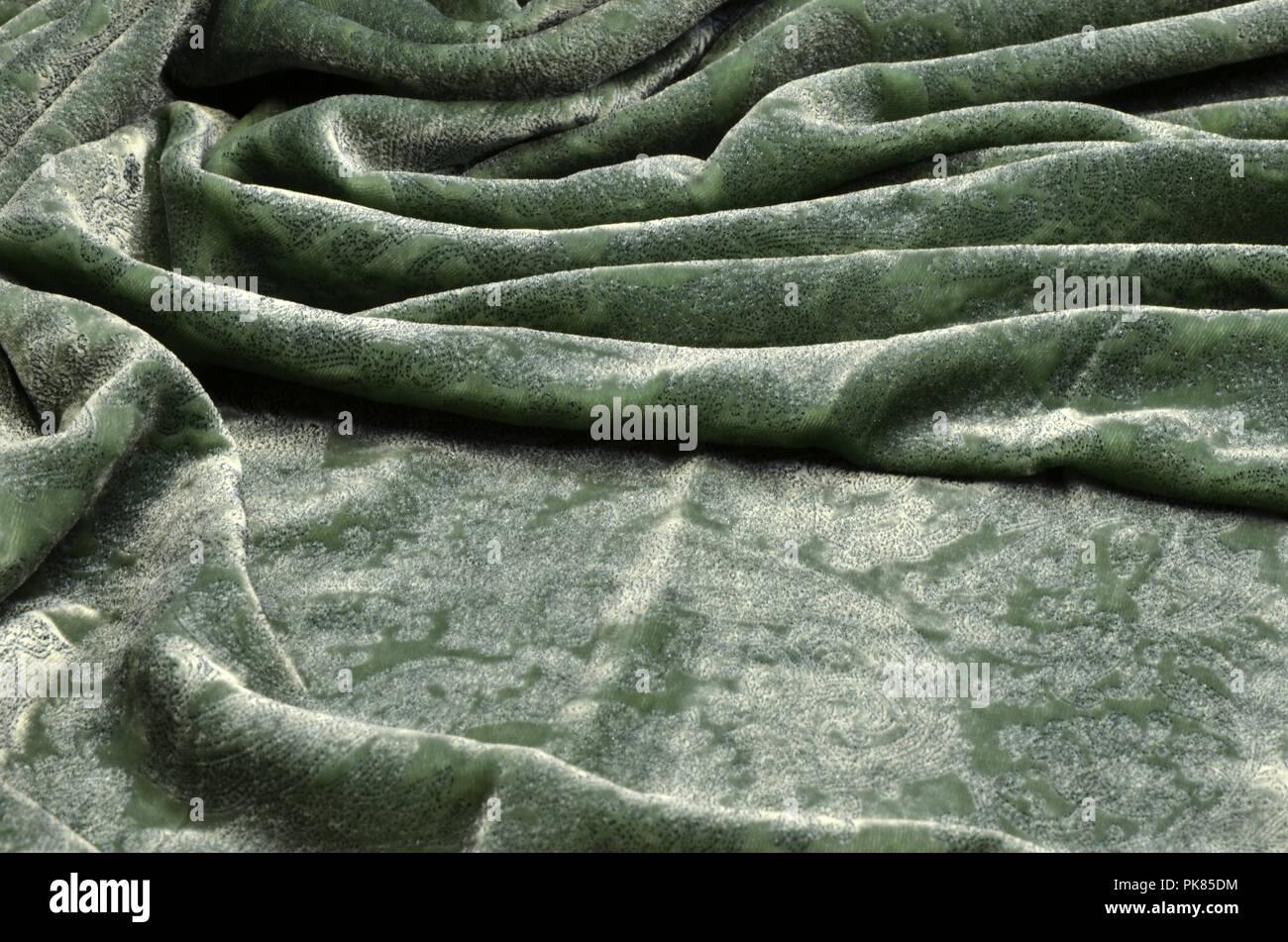Seide Viskose Gewebe. Velvet mit blauem Muster spritzen auf Grün. Stockfoto