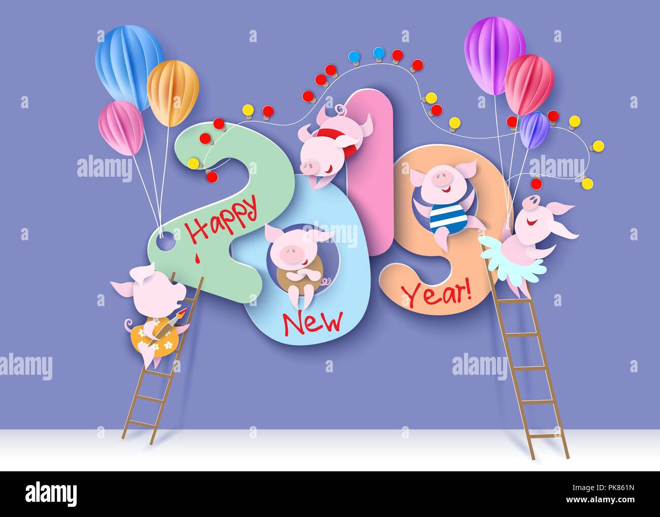 2019 Neues Jahr design Karte mit Schweinen auf lila Hintergrund. Vector Illustration. Papier geschnitten und Handwerk Stil. Stock Vektor