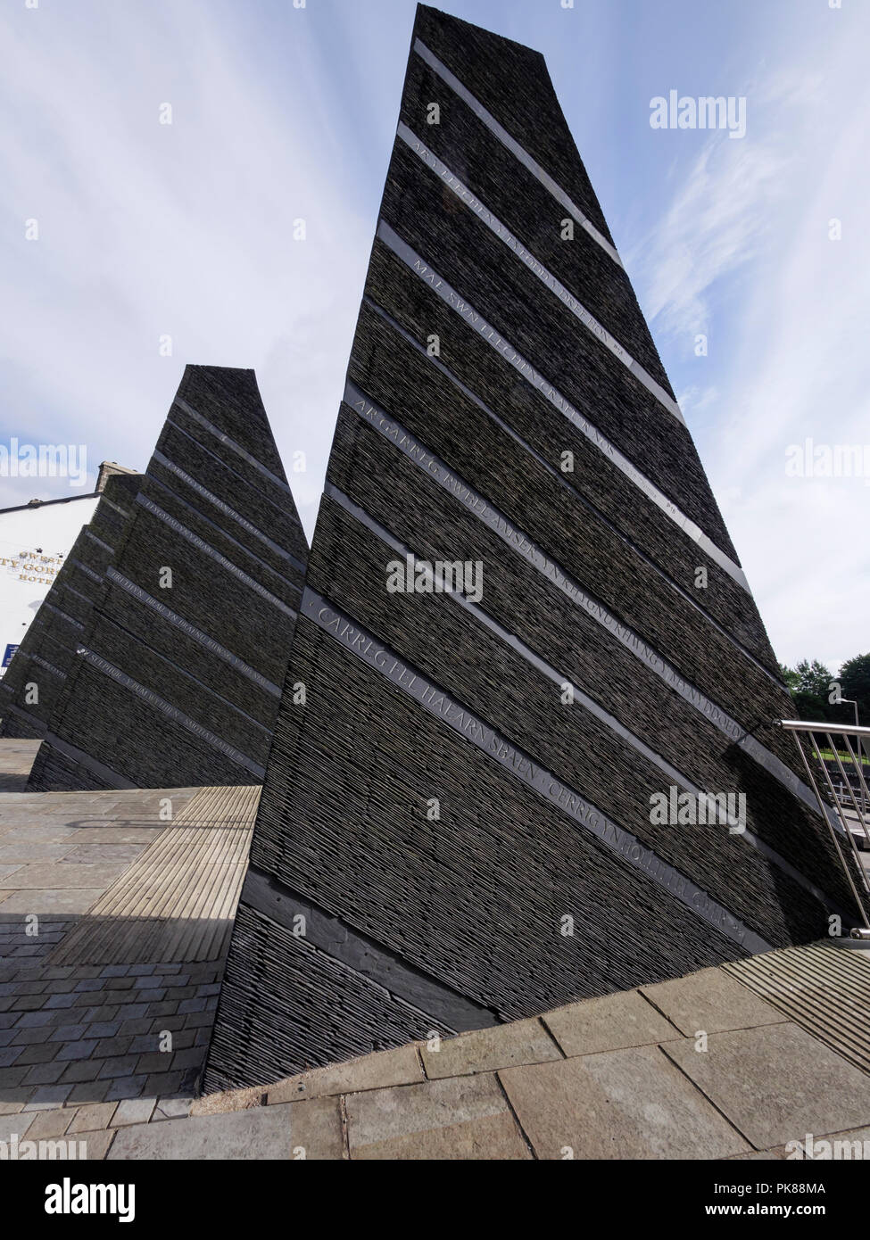 Artwork Denkmal der Schieferindustrie Erbe Rawson Square Blaenau Ffestiniog Wales Gwynedd Stockfoto