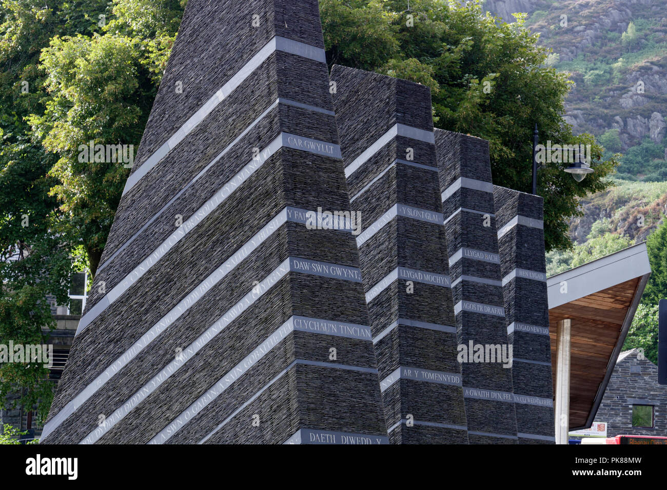 Artwork Denkmal der Schieferindustrie Erbe Rawson Square Blaenau Ffestiniog Wales Gwynedd Stockfoto