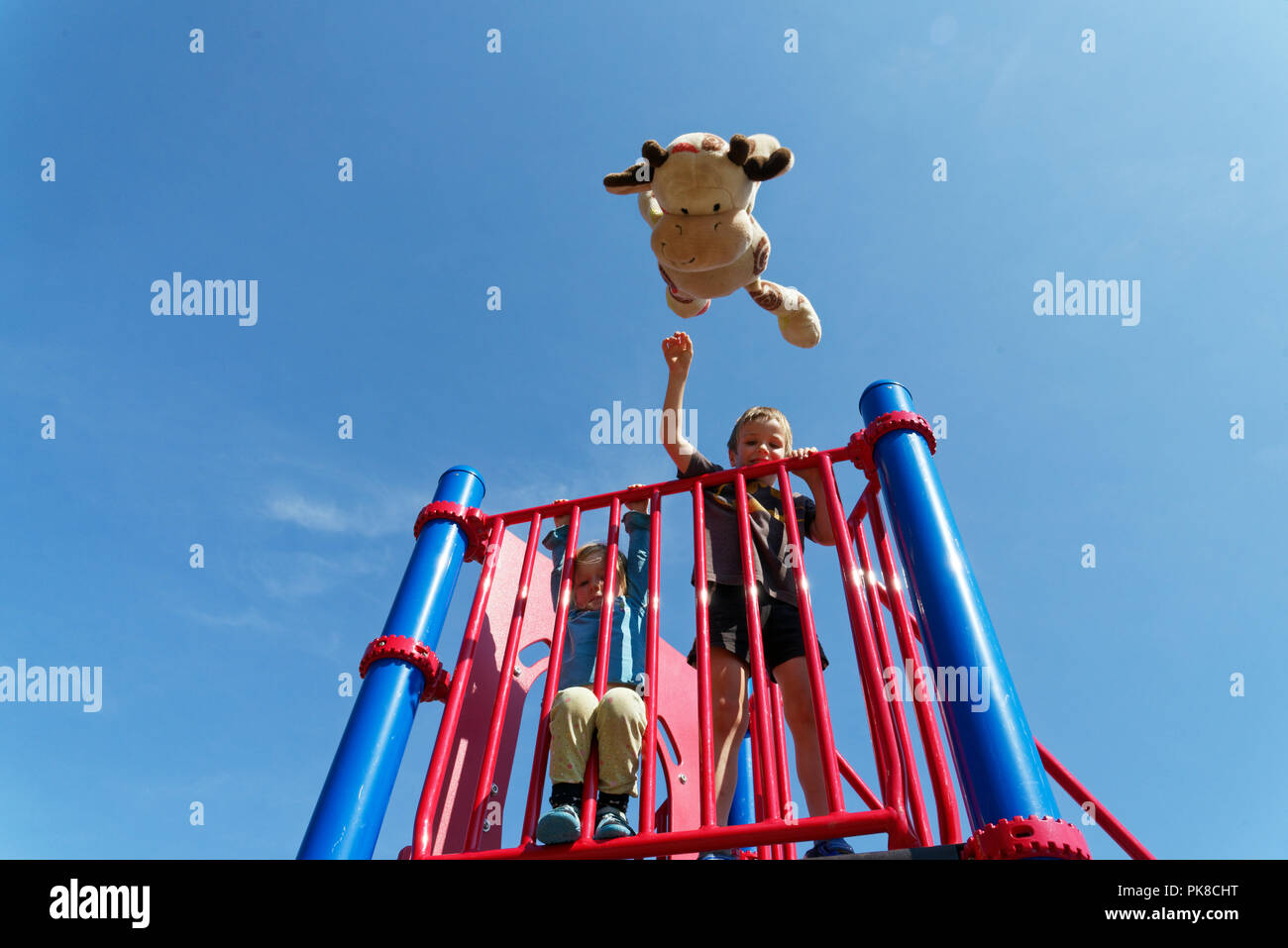 Ein sechs Jahre alter Junge spielen werfen Kuscheltiere Spielzeug an der Kamera Stockfoto