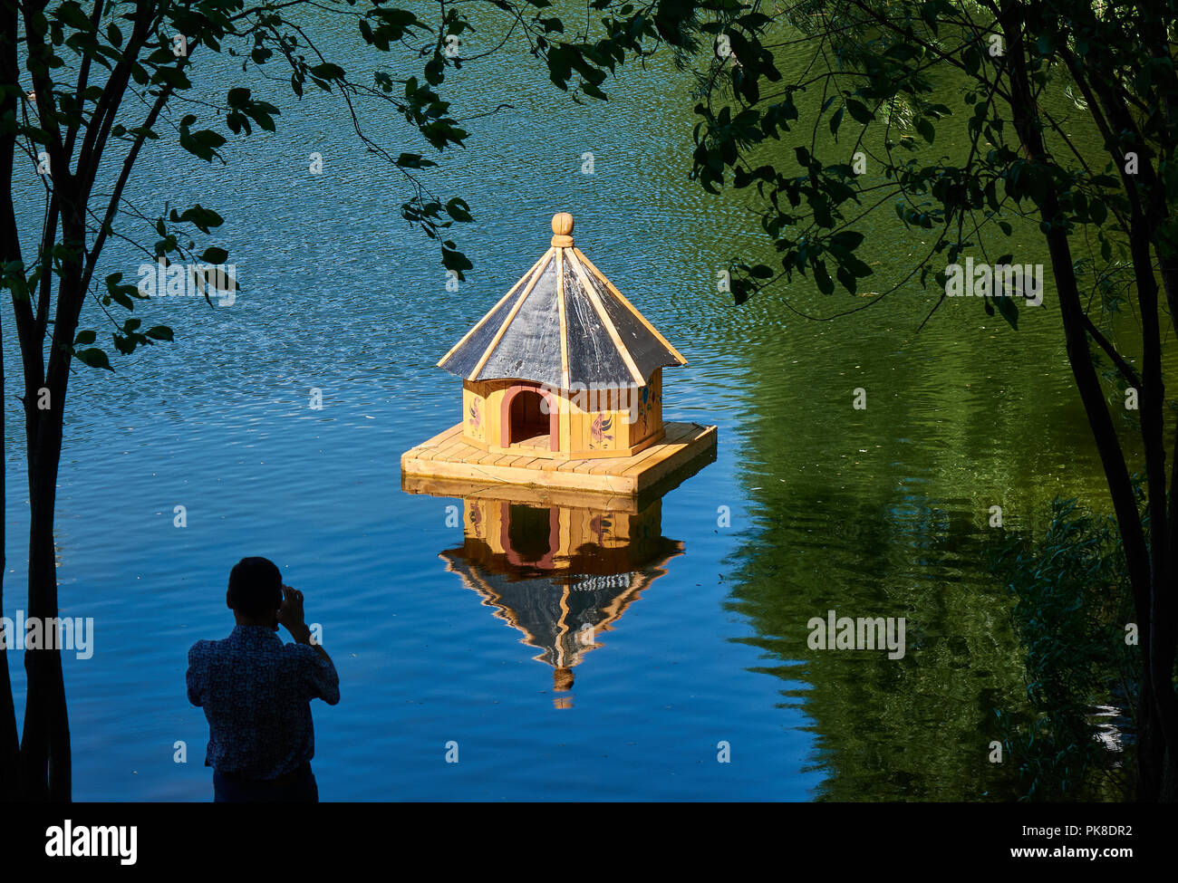 Mann fotografieren kleine hölzerne birdhouse auf seinem Telefon mit einem schönen Gemälde in der Mitte eines Sees durch Zweige und Blätter umgeben Stockfoto