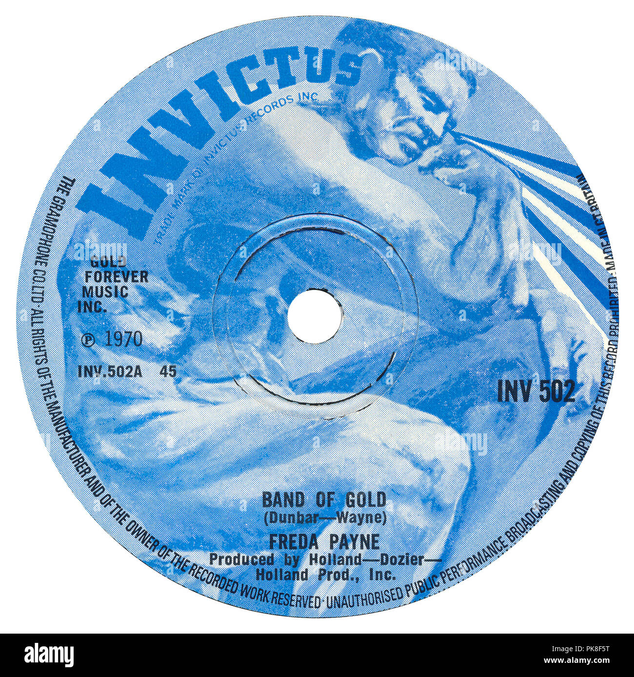 UK 45 U/min 7"-Single der Band von Gold von Freda Payne auf dem Etikett Invictus von 1970. Von Ron Dunbar geschrieben und 'Edythe Wayne" (ein Pseudonym für Holland-Dozier-Holland.) von Brian Holland, Lamont Dozier, Eddie Holland hergestellt. Stockfoto
