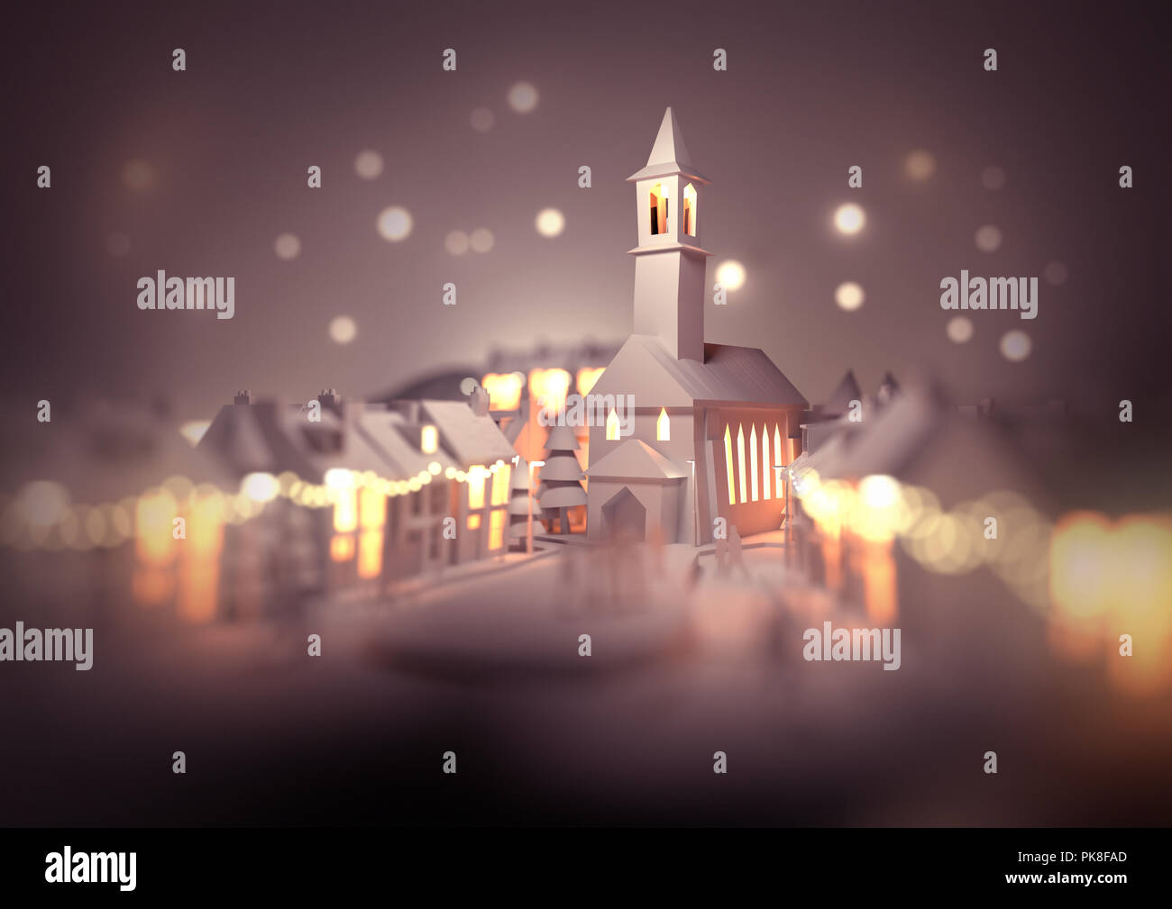 Eine festliche Weihnachten Zentrum mit einer Kirche am Heiligabend mit leuchtenden Straßenlaternen und Dekorationen. 3D-Darstellung. Stockfoto