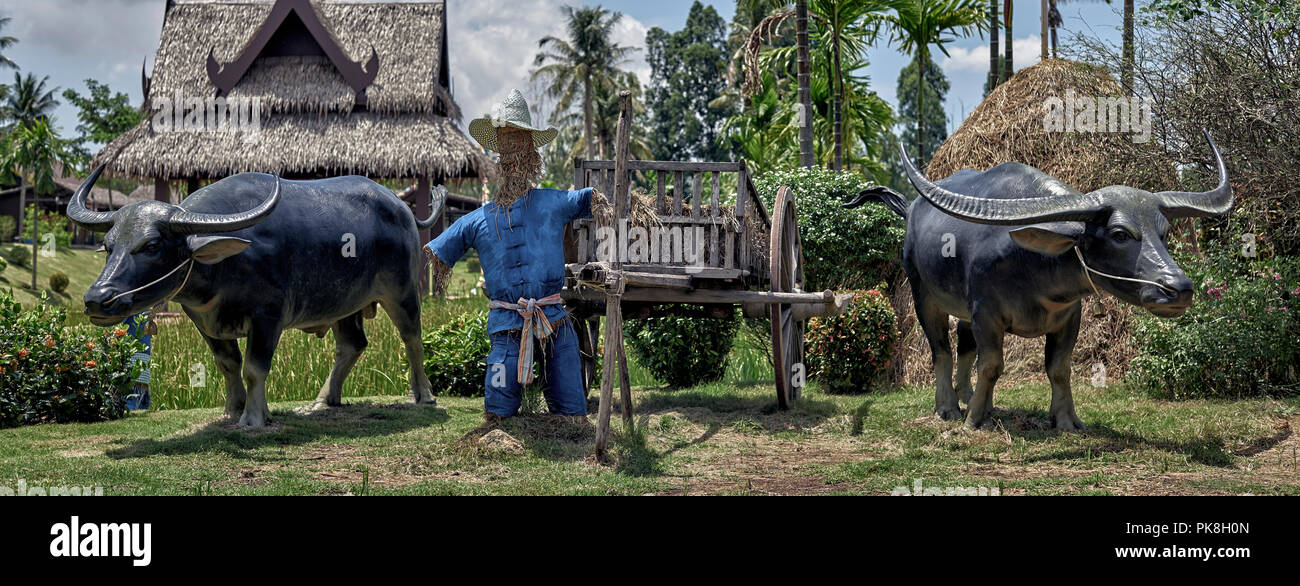Statue eines ländlichen Thailand Bauer und Buffalo livestock. Thailand Kultur Zentrum, Südostasien Stockfoto