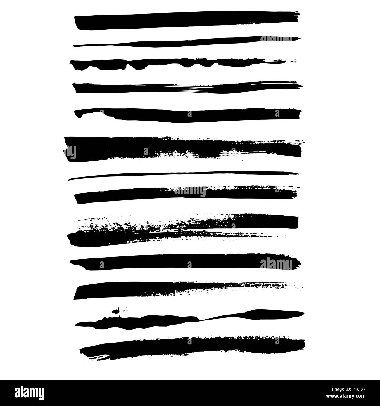 Grunge Tinte Pinselstriche eingestellt. Freehand schwarz Bürsten. Handdrawn trockenen Bürste schwarz verschmiert. Moderne Vector Illustration. Stock Vektor