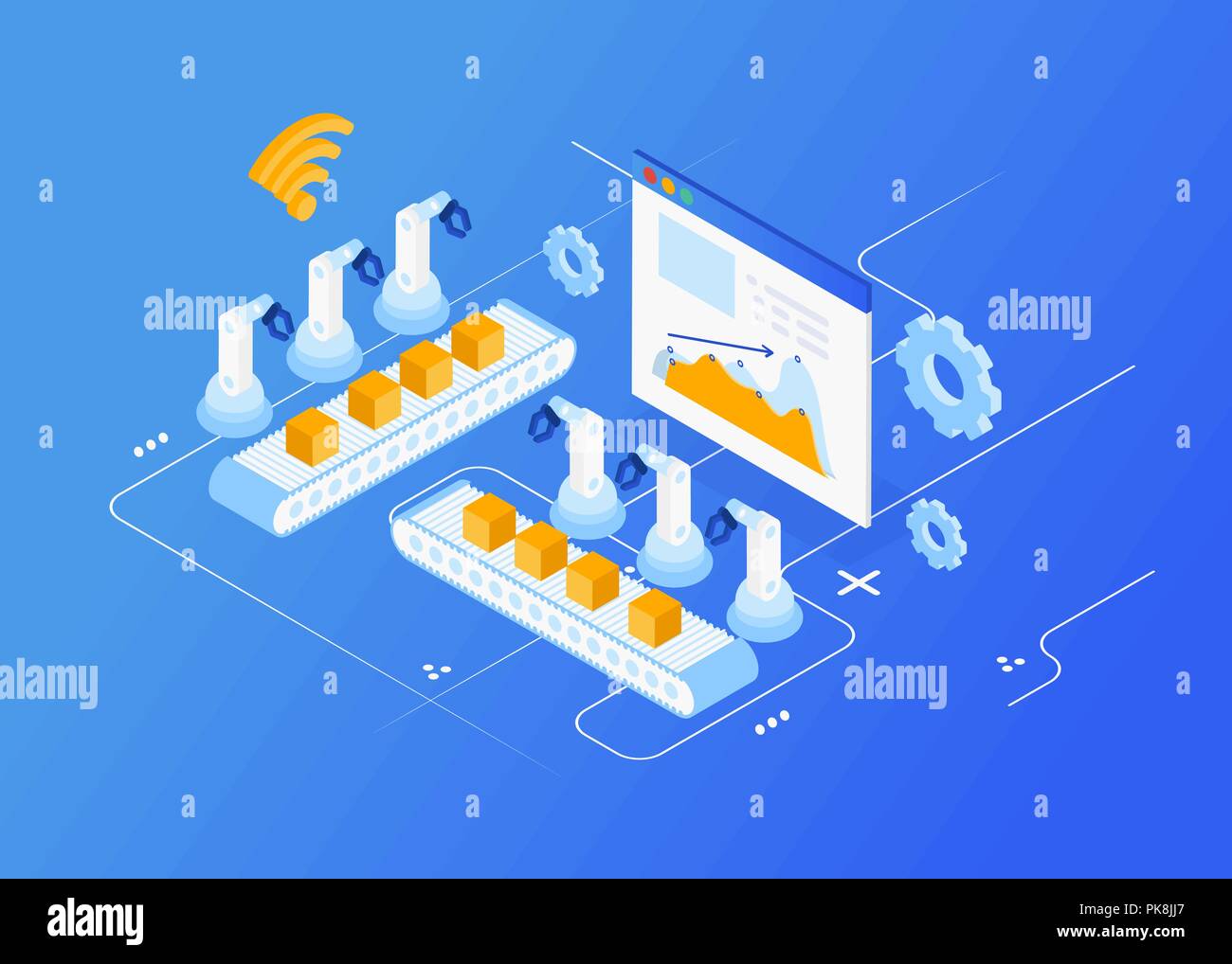 Isometrische Factory Automation, Industrie 4.0, Internet der Dinge, Vector Illustration für angeschlossene Geräte über verschiedene Symbole Stock Vektor