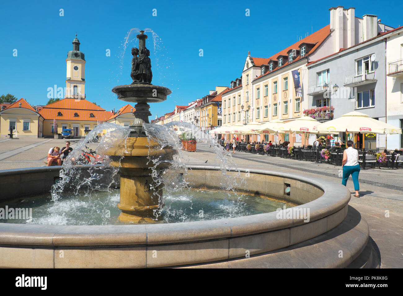 Biaystok Polen Wasser Brunnen auf dem Hauptplatz Rynek Kosciuszki im August 2018 Stockfoto