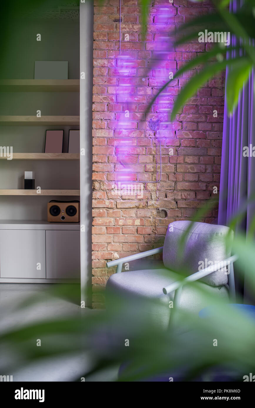 Schönes Büro in einem Loft Stil mit grauem und Mauerwerk. Es ist eine hölzerne Regale mit einem Lautsprecher und Frames, Schließfächer, grau Sessel, Vorhang, gre Stockfoto