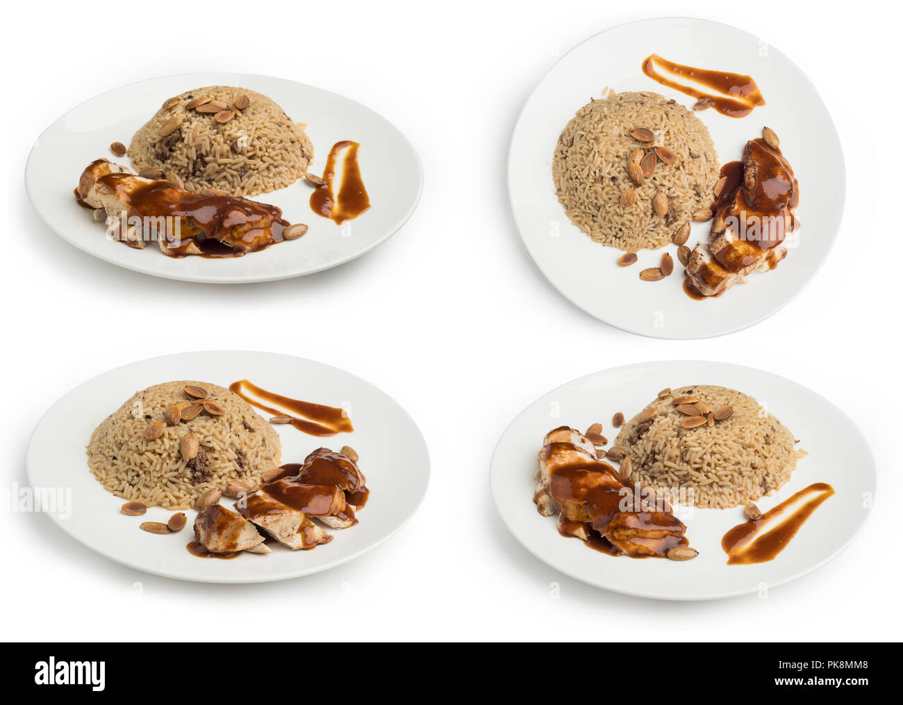 Satz von orientalischer Reis und Fleisch auf weißem Hintergrund, Clipping Path enthalten Stockfoto
