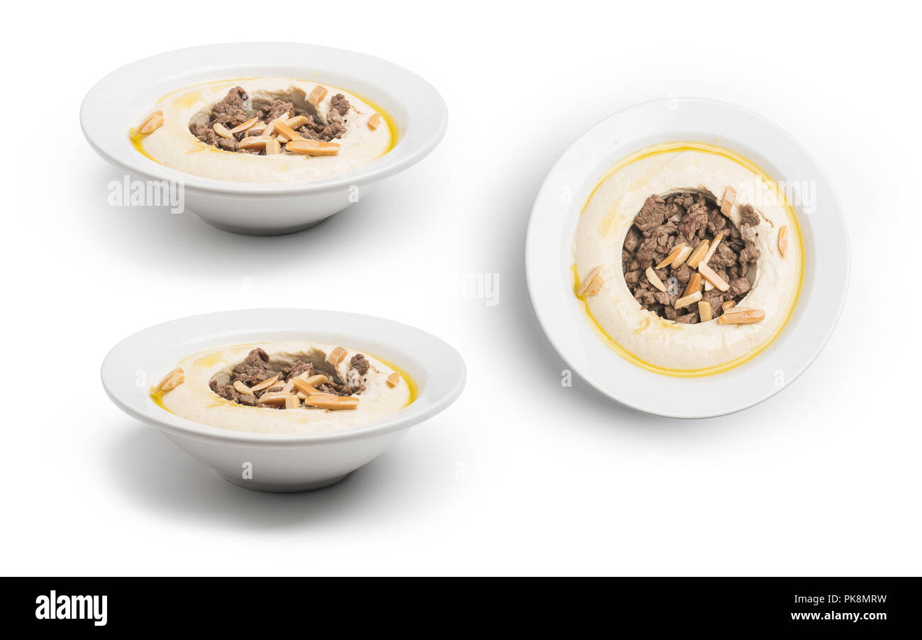 Kichererbsen mit gewürztem Fleisch libanesischen Hummus, Set Hummus mit Fleisch, Clipping Path enthalten Stockfoto