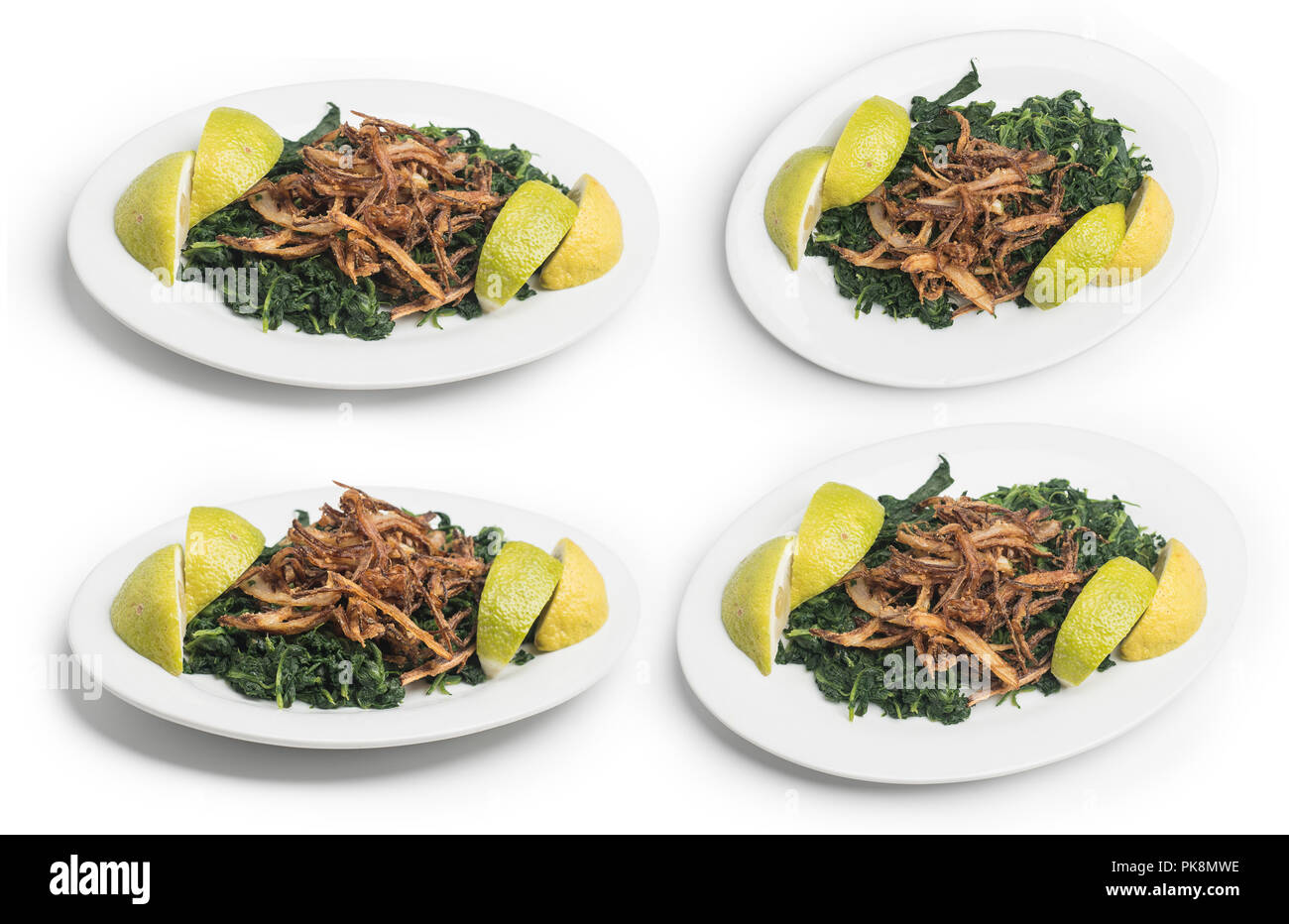 Libanesische Küche der gekochten hindbeh mit gebratenen Zwiebeln und Zitronensaft isoliert auf weißem, Clipping Path enthalten Stockfoto