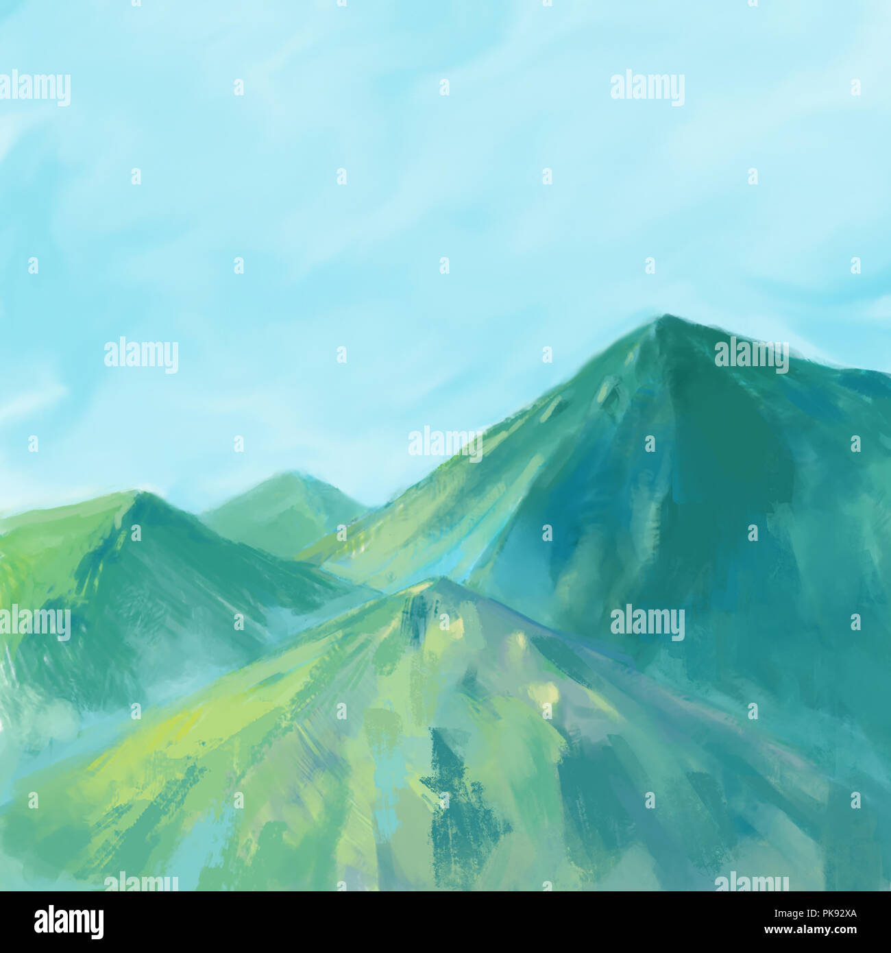 Natur Landschaft mit grünen Bergen und Himmel Hintergrund Abbildung. Schöne Szene natur gemälde Stockfoto