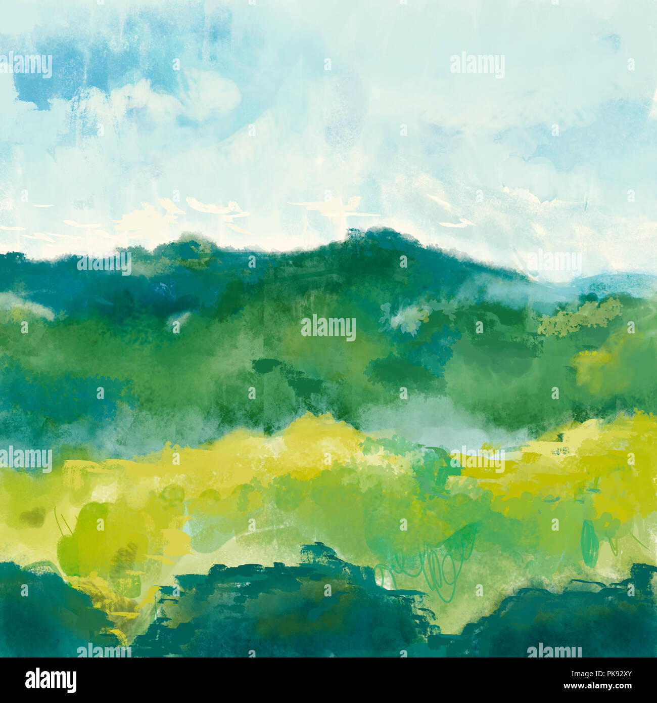 Natur Landschaft Kunst Malerei Illustration. Landschaft von Berg, Wald und Himmel Hintergrund Stockfoto
